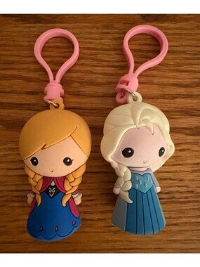 Disney Frozen Anna & Elsa Rubber Keychains Purse Bag Pink Clips Set of 2